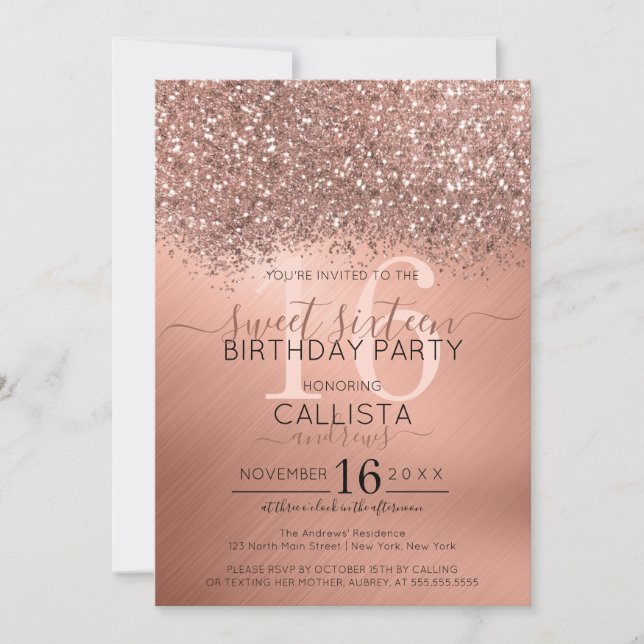 Chic Rose Gold Glitter Confetti Metallic Sweet 16 Invitation (Front)