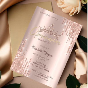 Chic Rose Gold Glitter Crown Drop Quinceañera  Invitation