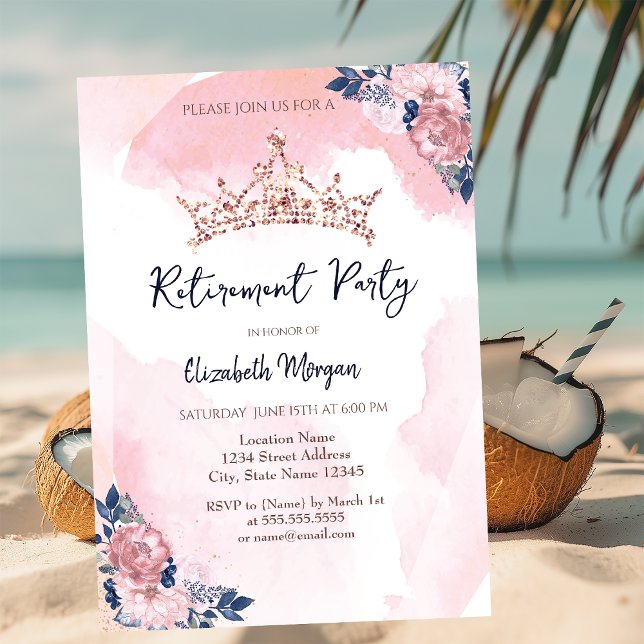 Chic Rose Gold Glitter Crown Flowers Retirement  Invitation (Creator Uploaded)