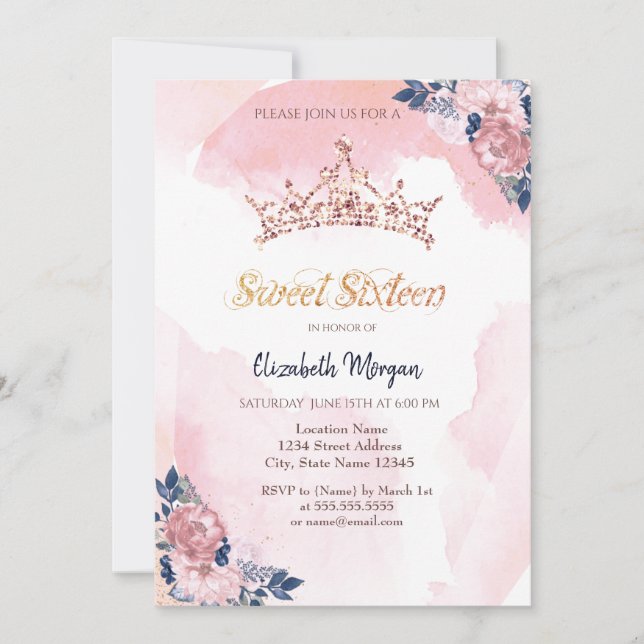 Chic Rose Gold Glitter Crown Flowers Sweet 16 Invitation (Front)
