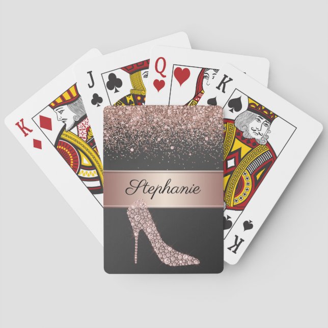 Chic Rose Gold Glitter Diamond High Heel Shoe Name Playing Cards (Back)