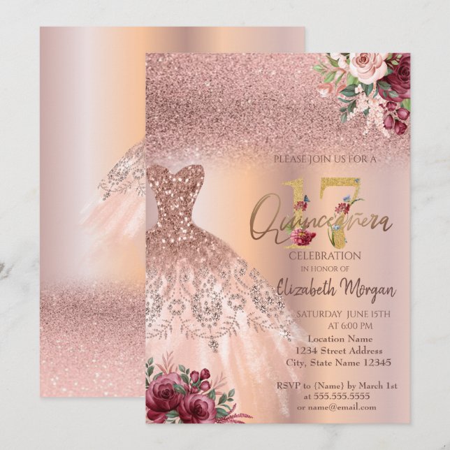 Chic Rose Gold Glitter Dress Floral Quinceañera  Invitation (Front/Back)