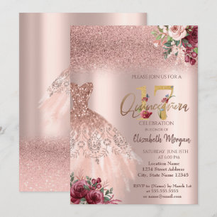 Chic Rose Gold Glitter Dress Floral Quinceañera Invitation