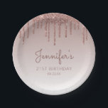 Chic Rose Gold Glitter Drip 21st Birthday Party Paper Plate<br><div class="desc">These chic,  elegant 21st birthday party paper plates feature a sparkly rose gold faux glitter drip border and rose gold ombre background. Personalize them with the guest of honour's name in dark rose handwriting script,  with her birthday and date below in sans serif font.</div>