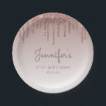 Chic Rose Gold Glitter Drip 21st Birthday Party Paper Plate<br><div class="desc">These chic,  elegant 21st birthday party paper plates feature a sparkly rose gold faux glitter drip border and rose gold ombre background. Personalize them with the guest of honour's name in dark rose handwriting script,  with her birthday and date below in sans serif font.</div>