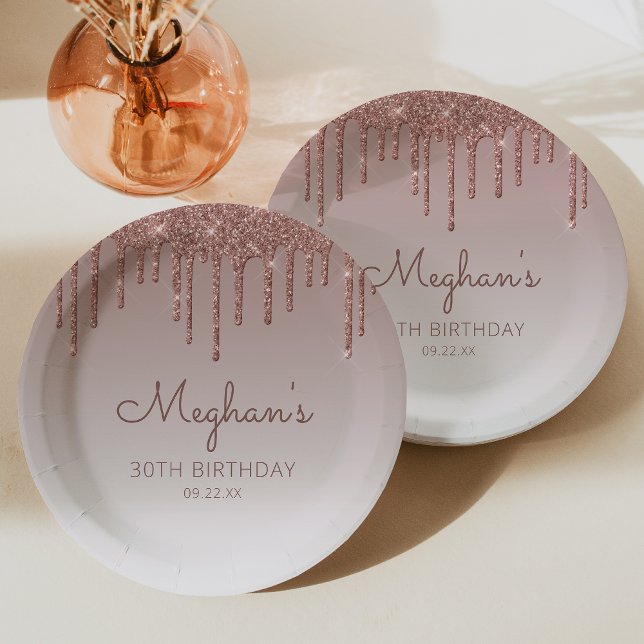 Chic Rose Gold Glitter Drip 30th Birthday Party Paper Plate (Creator Uploaded)