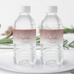 Chic Rose Gold Glitter Drip 40th Birthday Party Water Bottle Label