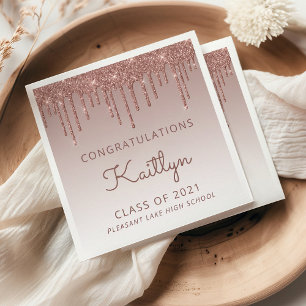 Chic Rose Gold Glitter Drip Graduation Napkin