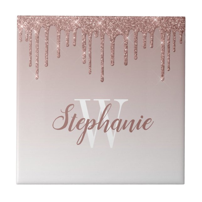 Chic Rose Gold Glitter Drip Monogram Tile (Front)