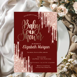 Chic Rose Gold Glitter Drips Burgundy Baby Shower Invitation