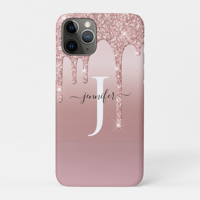 Chic Rose Gold Glitter Drips Monogram Case-Mate iPhone Case (Back)