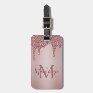 Chic Rose Gold Glitter Drips Monogram Luggage Tag