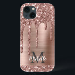Chic Rose Gold Glitter Drips Monogram Pink Metal   iPhone 13 Case<br><div class="desc">Elegant, modern, girly rose gold glitter drips pink metal custom personalized name and monogrammed iphone case. This design features blush pink rose gold glitter sparkle drips on pink brushed metal background with custom personalized monogram initial and first name text template. Perfect feminine gift for girl and women who loves pretty...</div>