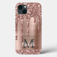 Chic Rose Gold Glitter Drips Monogram Pink Metal  