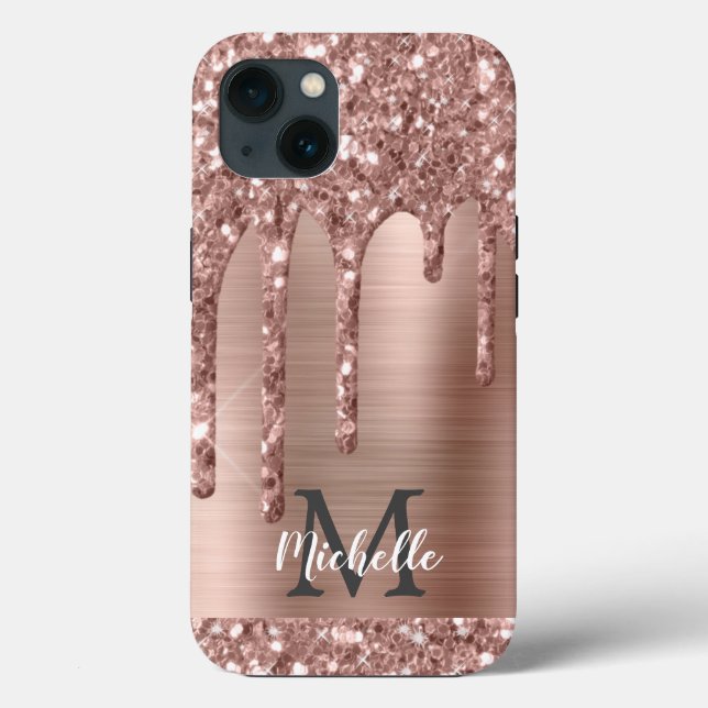 Chic Rose Gold Glitter Drips Monogram Pink Metal   Case-Mate iPhone Case (Back)