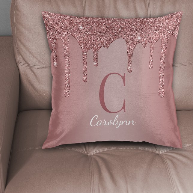 Chic Rose Gold Glitter Drips Monogram Throw Pillow (Chic Rose Gold Glitter Drips Monogram Throw Pillow)