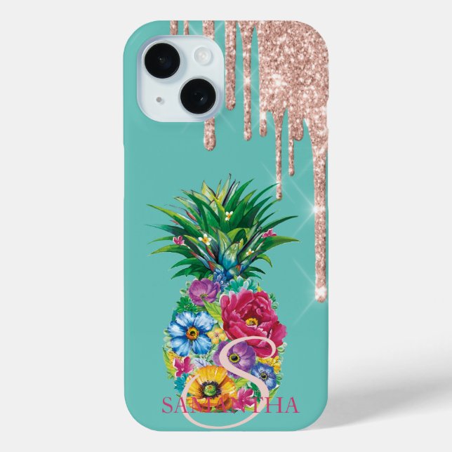 Chic Rose Gold Glitter Drips Pineapple Mint Green Case-Mate iPhone Case (Back)
