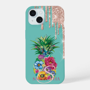 Chic Rose Gold Glitter Drips Pineapple Mint Green iPhone 15 Case