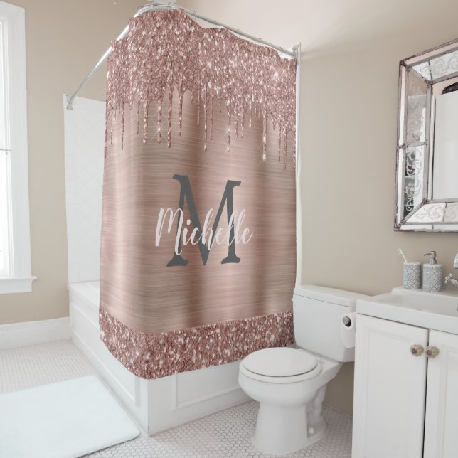 Chic Rose Gold Glitter Drips Pink Metal Monogram  (In Situ)