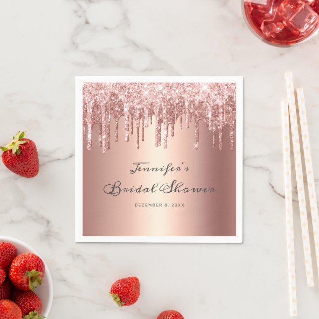 Chic Rose Gold Glitter Drips Script Bridal Shower Napkin (Insitu)