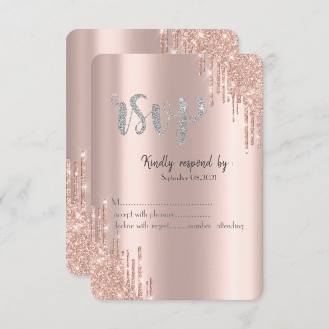 Chic Rose Gold Glitter Drips Silver RSVP Invitation (Front/Back)