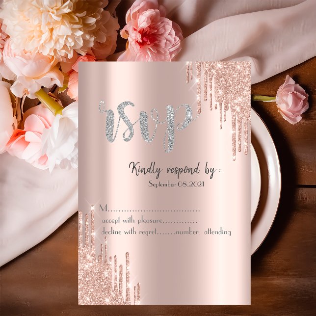 Chic Rose Gold Glitter Drips Silver RSVP Invitation (Creator Uploaded)