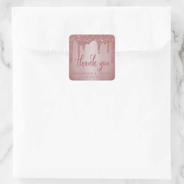 Chic Rose Gold Glitter Drips Thank You Square Sticker (Bag)