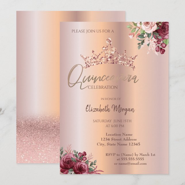 Chic Rose Gold Glitter Flowers Crown Quinceañera   Invitation (Front/Back)