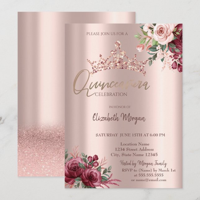 Chic Rose Gold Glitter Flowers Crown Quinceañera   Invitation (Front/Back)