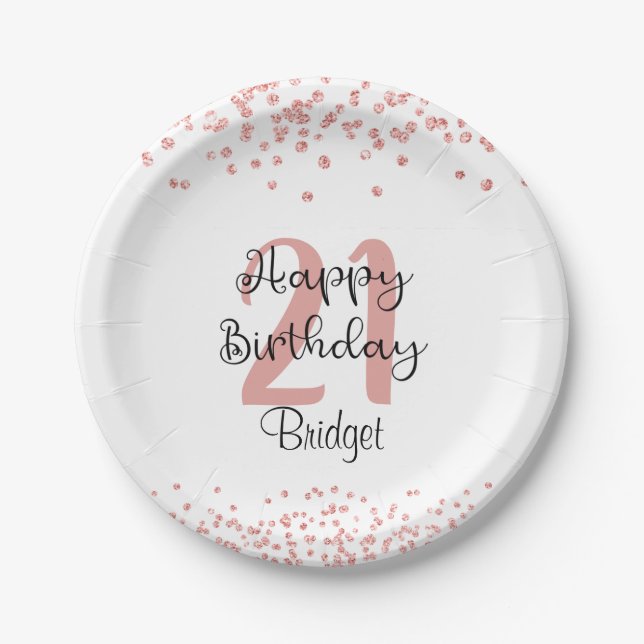 Chic Rose Gold Glitter HAPPY 21st BIRTHDAY Name Paper Plate (Front)