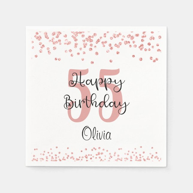 Chic Rose Gold Glitter HAPPY 55th BIRTHDAY Name Napkin (Front)