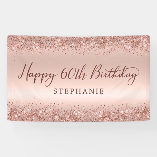 Chic Rose Gold Glitter Happy 60th Birthday Script  Banner (Horizontal)