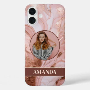 Chic Rose Gold Glitter Marble Photo iPhone 16 Plus Case