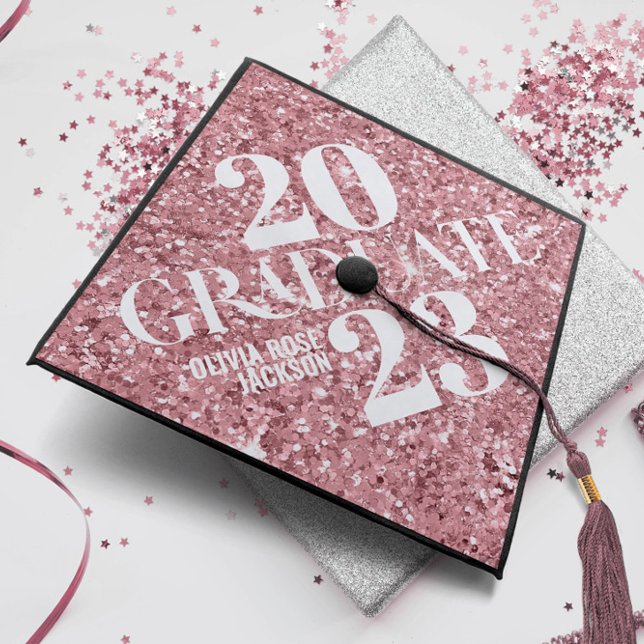 Chic Rose Gold Glitter Name & Year Personalized Graduation Cap Topper (Creator Uploaded)