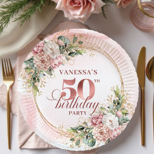 Chic Rose Gold Glitter Number 50th Birthday Floral Paper Plate