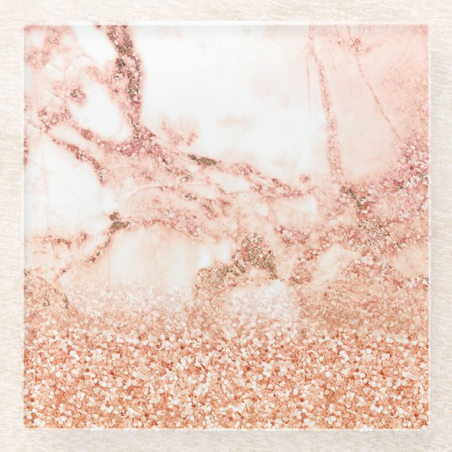 Chic rose gold glitter ombre pink glitter marble glass coaster (Front)