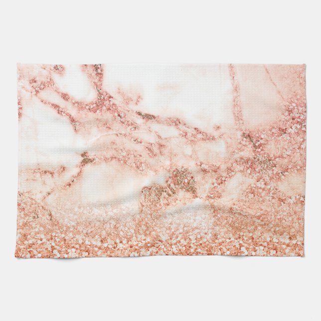 Chic rose gold glitter ombre pink glitter marble kitchen towel (Horizontal)