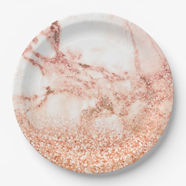 Chic rose gold glitter ombre pink glitter marble paper plate (Front)