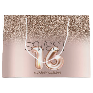 Chic Rose Gold Glitter Ombre Sweet 16 Large Gift Bag