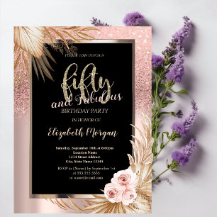 Chic Rose Gold Glitter Pampas Roses 50th Birthday  Invitation
