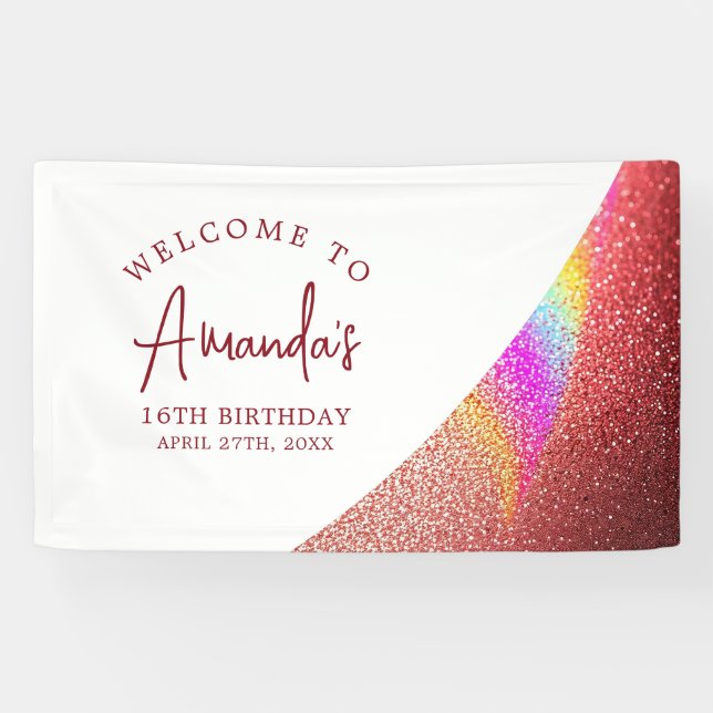 Chic Rose Gold Glitter Rainbow Sweet 16 Birthday Banner (Horizontal)