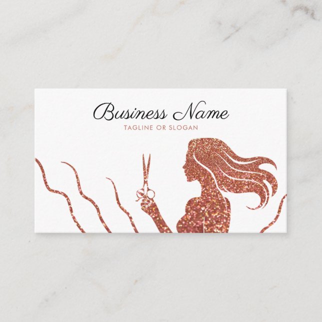 Chic Rose Gold Glitter Scissors Hairdresser Appointment Card (Front)