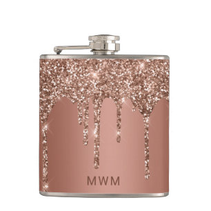 Chic Rose Gold Glitter Sparkle Drips Monogram 6 oz Hip Flask