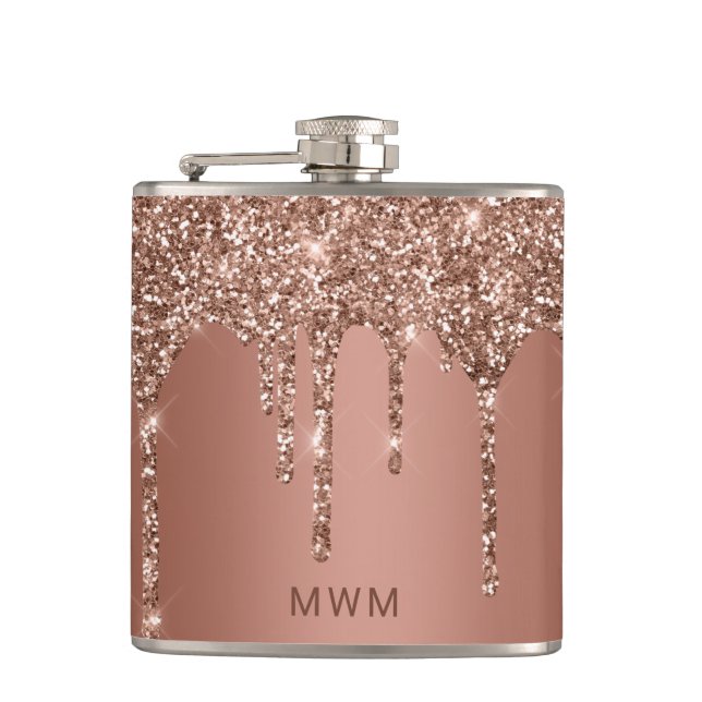 Chic Rose Gold Glitter Sparkle Drips Monogram 6 oz Hip Flask (Front)