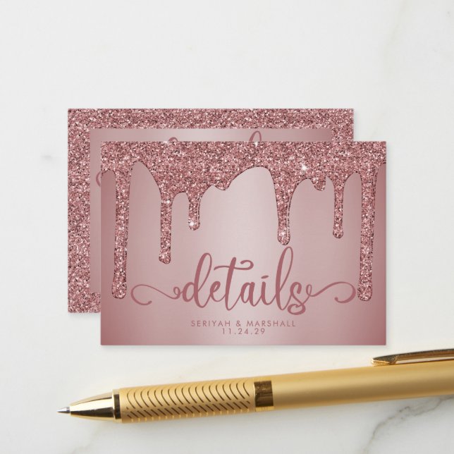 Chic Rose Gold Glitter Wedding Details Enclosure Card (Front/Back In Situ)