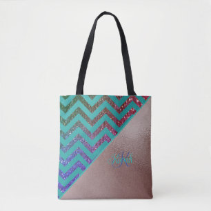 Chic Rose Gold Glittery Chevron Teal Green Name  Tote Bag