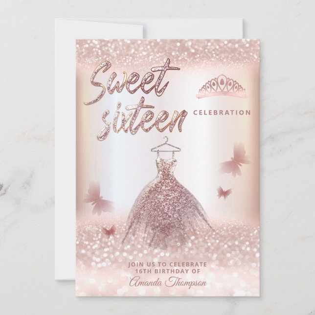 Chic Rose gold glittery dress butterfly tiara Invi Invitation (Front)