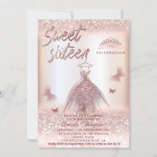 Chic Rose gold glittery dress butterfly tiara Invitation