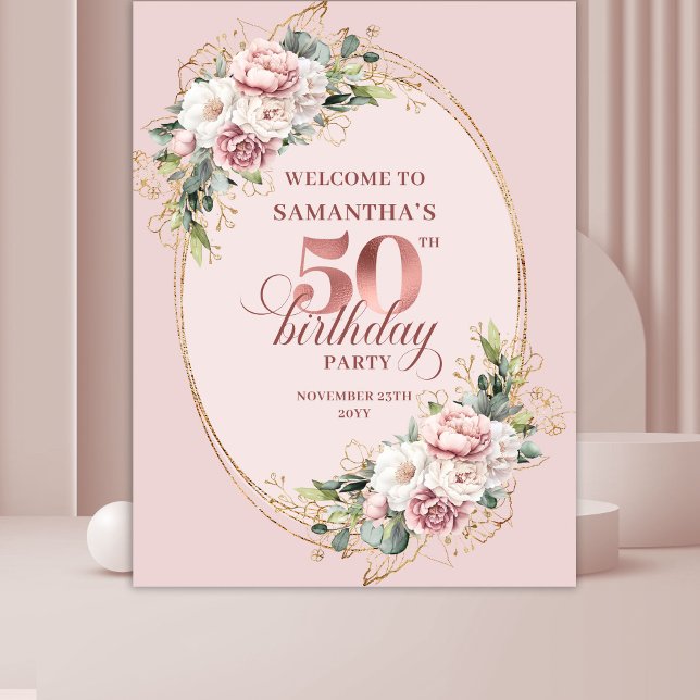 Chic Rose Gold Greenery 50th Birthday Celebration  Tapestry (Chic Rose Gold Greenery 50th Birthday Celebration Banner Decor

)