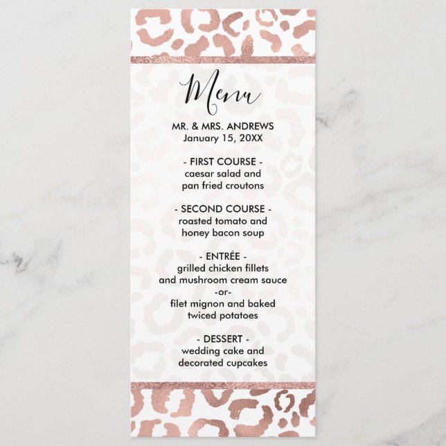 Chic Rose Gold Leopard Cheetah Animal Print Menu (Front)